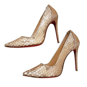 Christian Louboutin Lace 554 Gold Sequin Heels Pointed Toe Glitter Bridal 7 37